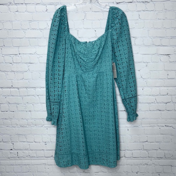 Chelsea 28 CINCHED FRONT EYELET LONG SLEEVE A-LINE DRESS IN GREEN SEAGLASS - Picture 3 of 10